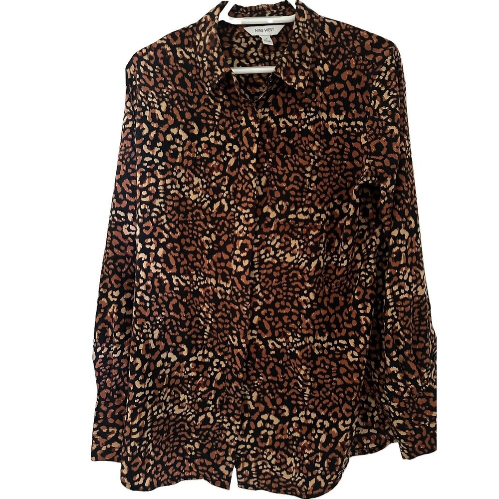 Nine West Leopard Print Button Down Blouse Size Small